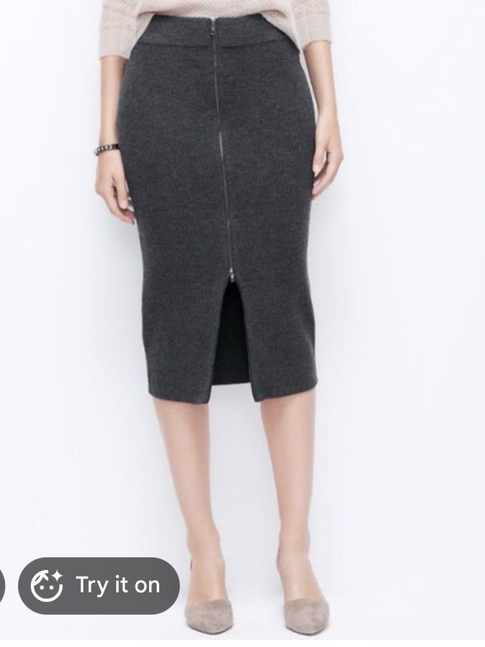 Ann Taylor Wool Blend Rib Knit Zip Front Pencil Bodycon Skirt Midi Charcoal Grey